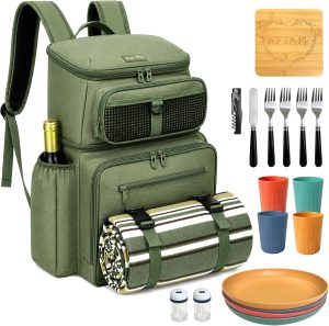 Hap Tim Large Picnic Basket Backpack for 4 with Insulated Cooler - Dry-Wet Separated, Multi-Pocket Organizer, Gifts for Couples, Wedding, Bridal Showers (Olive Green)